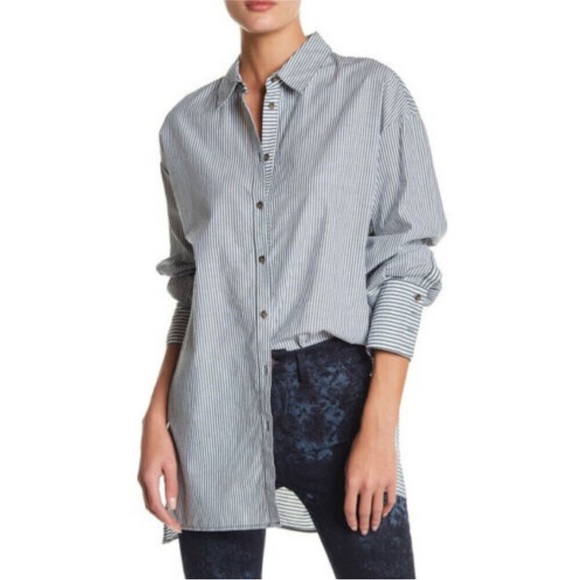 Free People Lakehouse oversized button down shirt green and white stripe size XS - Picture 1 of 8